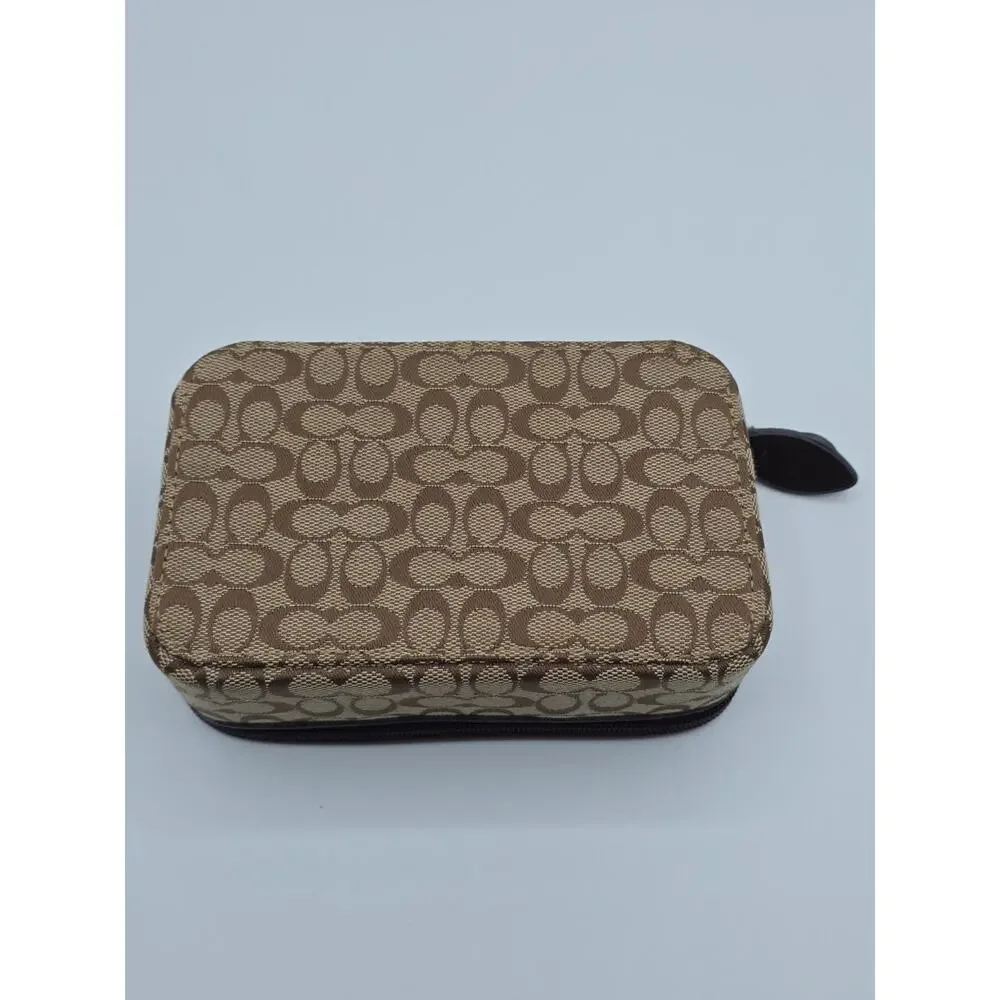 Coach Signature Travel Cosmetic Jewelery Bag Brown Leather Trim Zip Case 6x4 x2